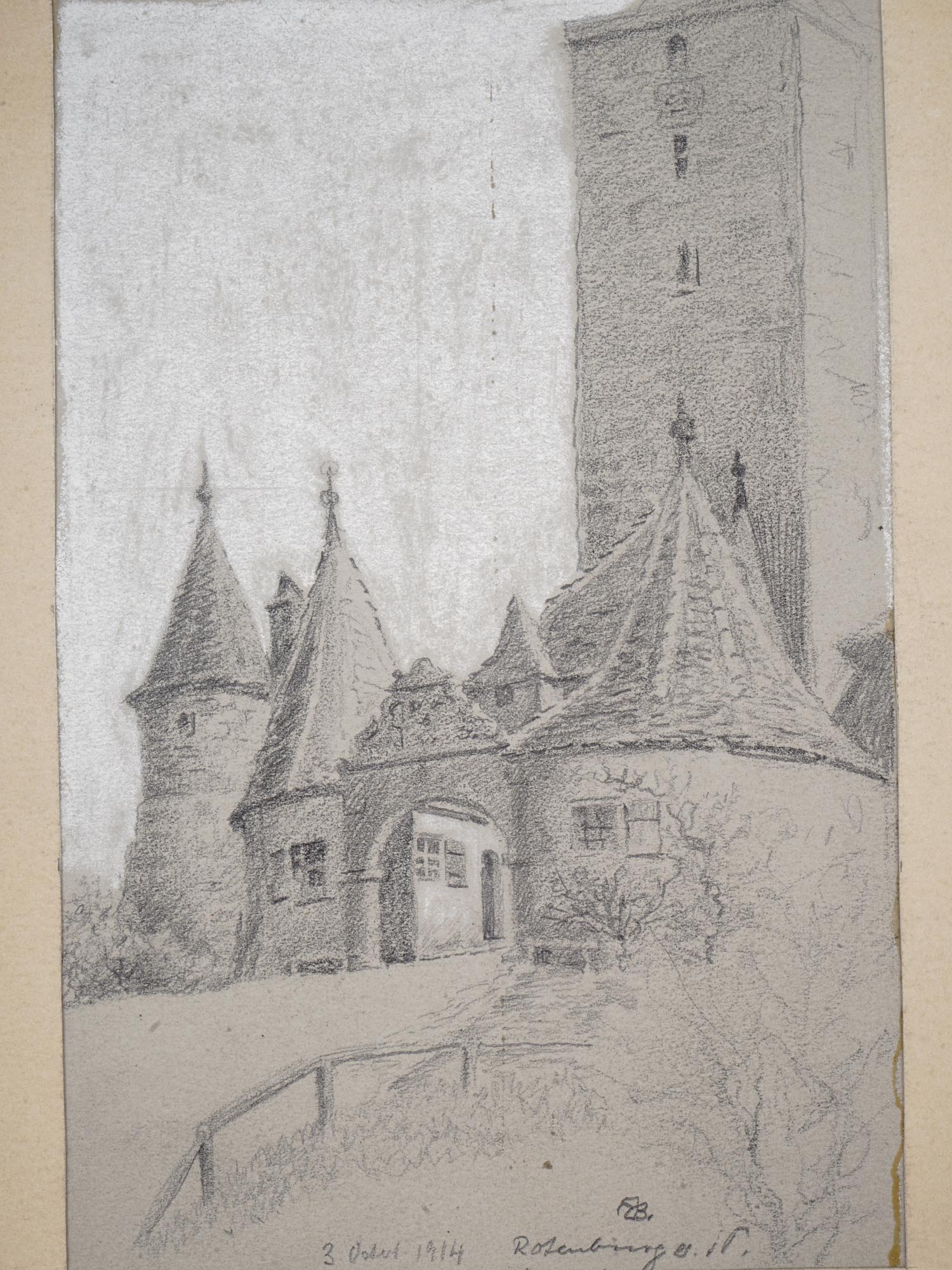 1914 PENCIL DRAWING OF A MEDIEVAL CASTLE SIGNED PIC-1